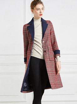 Plaid Color-blocked Lapel Woolen Overcoat