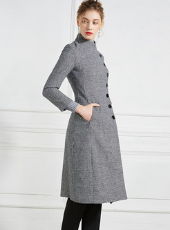 Stand Collar Slim Houndstooth Single-breasted Coat
