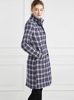 Style Stand Collar Woolen Plaid Overcoat