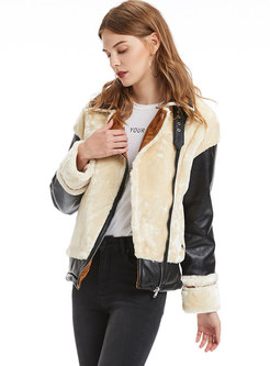 Fashion Faux Fur Stitching Thicken Zipper Jacket