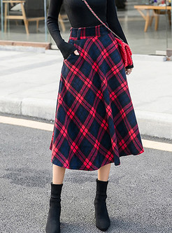Winter Retro Mid-claf Big Hem Plaid Woolen Skirt