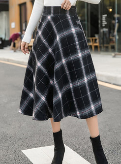 Winter Retro Mid-claf Big Hem Plaid Woolen Skirt