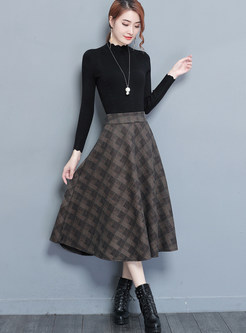 High Waist Pocket Plaid Mid-claf A Line Skirt