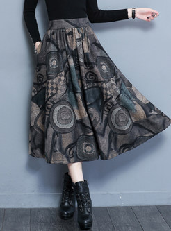 High Waist Plus Size Print Woolen Skirt