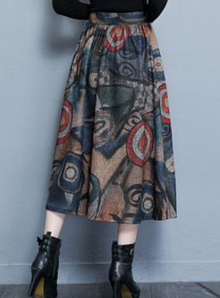 High Waist Plus Size Print Woolen Skirt