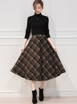 Vintage Plaid Thick Wool Big Hem Midi Skirt