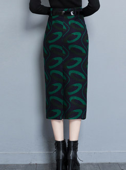 High Waist Print Slit Woolen Bodycon Skirt