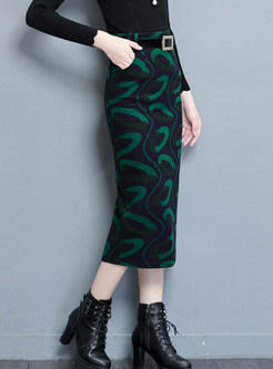 High Waist Print Slit Woolen Bodycon Skirt