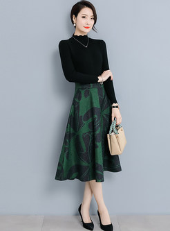 Fashion Woolen Print Big Hem A Line Skirt