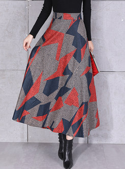 Winter Woolen Color-blocked Geometric Print Skirt