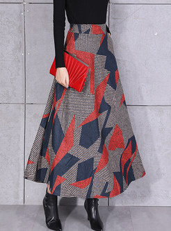 Winter Woolen Color-blocked Geometric Print Skirt