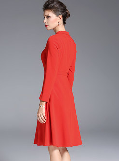 Stylish Red Stand Collar High Waist Slim Dress