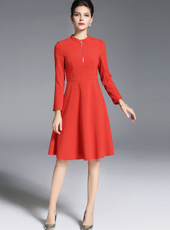 Stylish Red Stand Collar High Waist Slim Dress