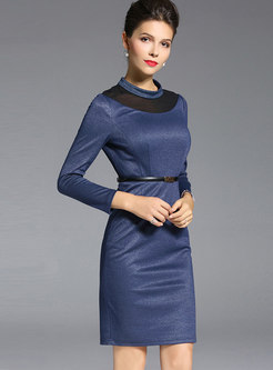 Chic Splicing Stand Collar Belted Bodycon Dress