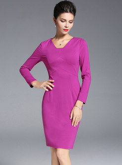 Solid Color V-neck Long Sleeve Bodycon Dress