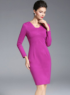 Solid Color V-neck Long Sleeve Bodycon Dress