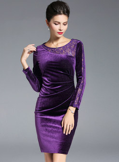 Lace Splicing Velvet O-neck Sheath Dress