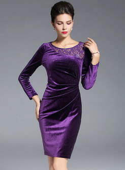 Lace Splicing Velvet O-neck Sheath Dress