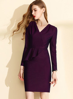 Elegant Solid Color V-neck Falbala Sheath Dress