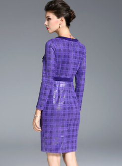 Purple Grid Gathered Waist Sheath Dress