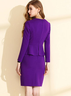 OL Purple V-neck Gathered Waist Bodycon Dress