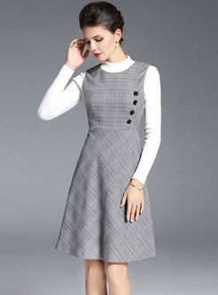 Stylish Grid Sleeveless High Waist A Line Dress