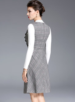 Stylish Grid Sleeveless High Waist A Line Dress