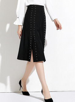 Stylish High Waist A Line Midi Skirt With Beaded Detail