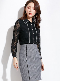 Chic Black Turn-down Collar Single-breasted Lace Blouse