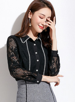 Chic Black Turn-down Collar Single-breasted Lace Blouse