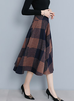 Style Color-blocked Plaid Woolen Big Hem Skirt