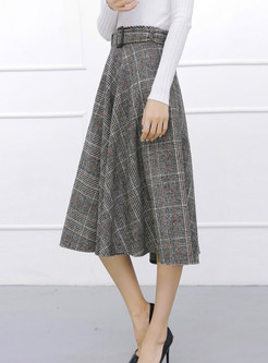 Brief Plaid Mid-claf Woolen Skirt With Belt