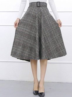 Brief Plaid Mid-claf Woolen Skirt With Belt