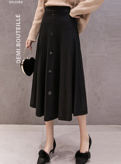 Fashion Solid Color Single-breasted Knitted Skirt