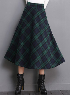 High Waist Pocket Plaid Woolen Big Hem Skirt