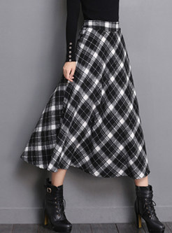High Waist Pocket Plaid Woolen Big Hem Skirt