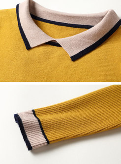 Color-blocked Lapel Slim Sweater & High Waist A Line Skirt