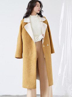 Winter Lapel Yellow Cashmere Long Coat With Pockets