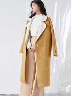 Winter Lapel Yellow Cashmere Long Coat With Pockets