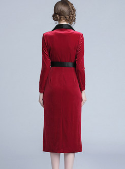 Color-blocked V-neck Long Sleeve Sheath Mid-calf Dress