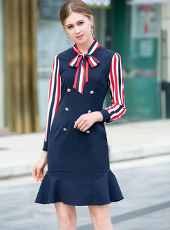 Chic Striped Splicing Tied-collar Double-breasted Falbala Dress