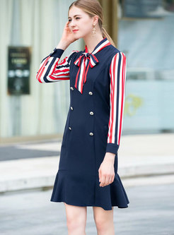 Chic Striped Splicing Tied-collar Double-breasted Falbala Dress