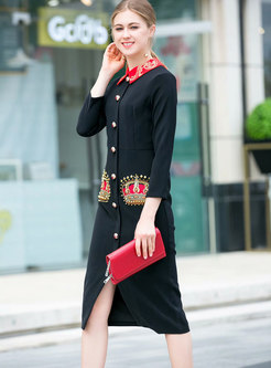 Chic Lapel Embroidery Single-breasted Drilling Slim Dress