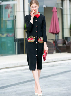 Chic Lapel Embroidery Single-breasted Drilling Slim Dress