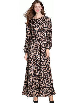 Vintage Long Sleeve Waist Leopard Big Hem Dress