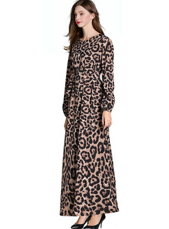 Vintage Long Sleeve Waist Leopard Big Hem Dress