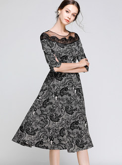 Mesh Splicing Waist Print Lace Knee-length Dress