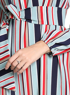 Color-blocked O-neck Striped Tie-waist Slim Maxi Dress