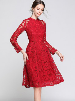 Solid Color Long Sleeve Lace Waist A Line Dress