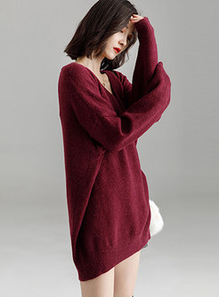 Wine Red V-neck Long Sleeve Bottoming Knitted Mini Dress